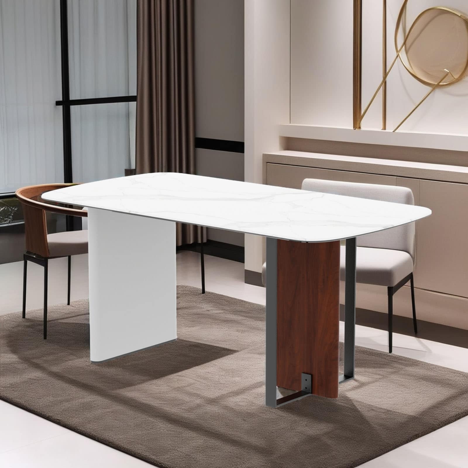 Rectangular White Dining Table with Sintered Stone Glass Top - 64 W x 34 D x 30 H