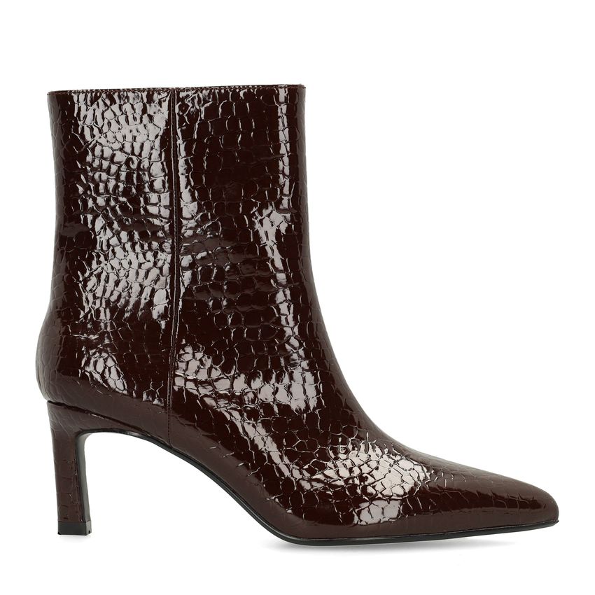 Manfield Donkerbruine lak enkellaarsjes met hak