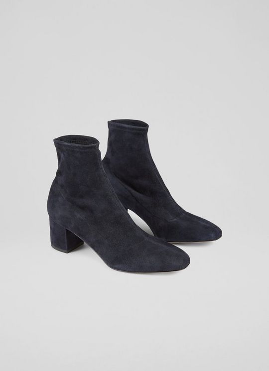 Grove Navy Suede Low Block Stretch Ankle Boots