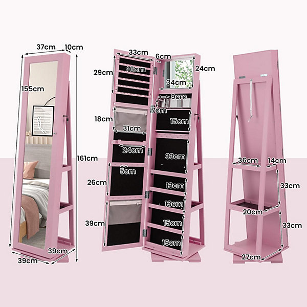 Armoire à Bijoux avec Miroir, Organisateur Chambre Pivotante, Coffre Bijoux pour Maquillage, Habillage, Rose