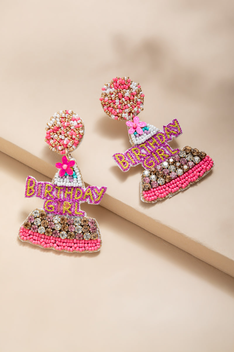 Birthday Girl Party Hat Beaded Drop Earrings