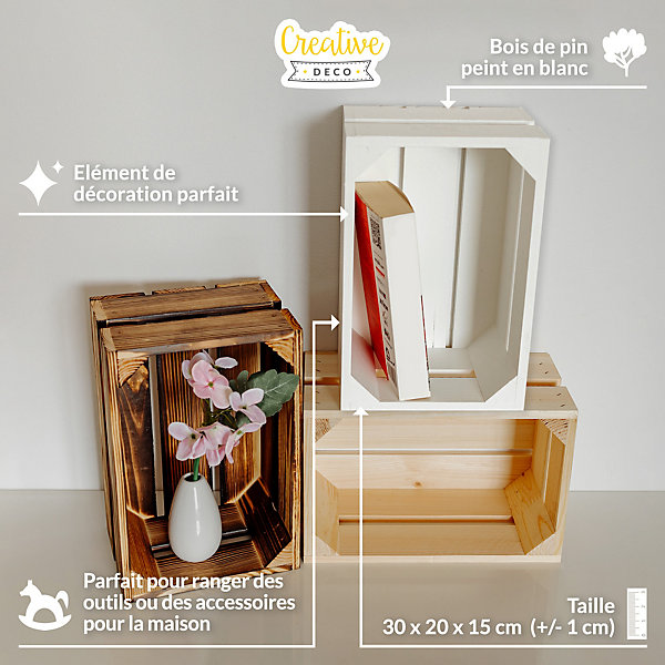 Creative Deco Caisse en Bois Blanc 30 x 20 x 15 cm - Caisse Rangement Bois Vintage - Cagette Bois Deco - Boite Decoration