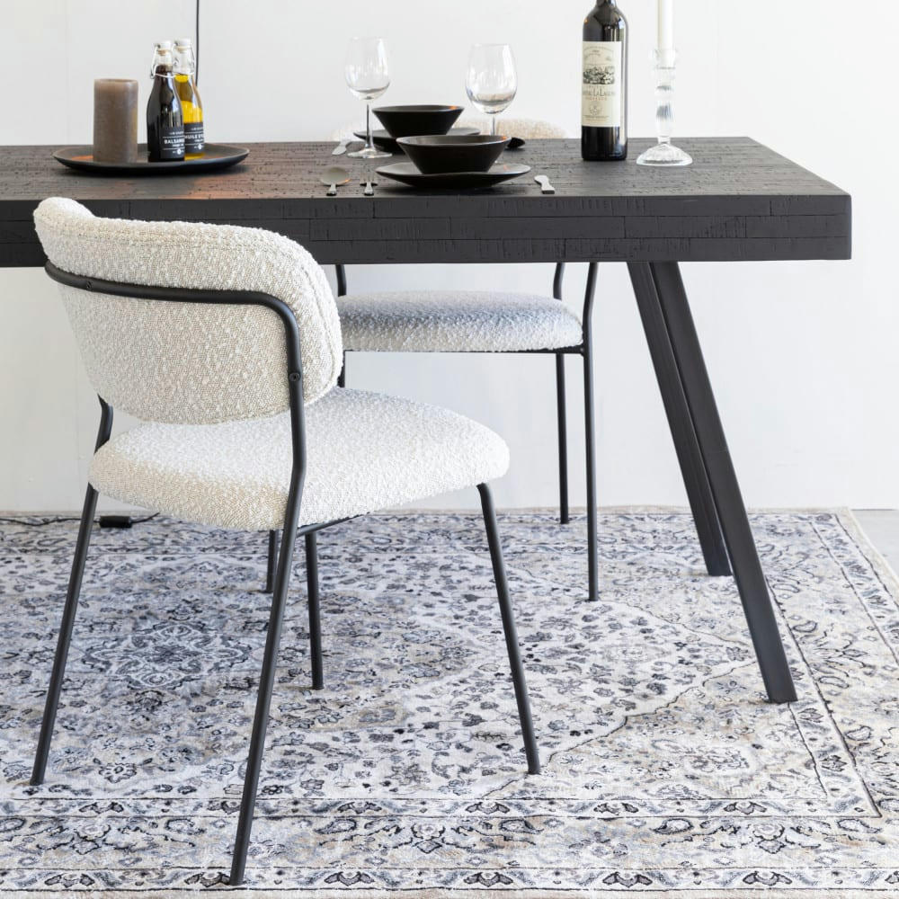 JOLIEN - Lot de 2 chaises en tissu bouclette et métal pieds noirs ecru