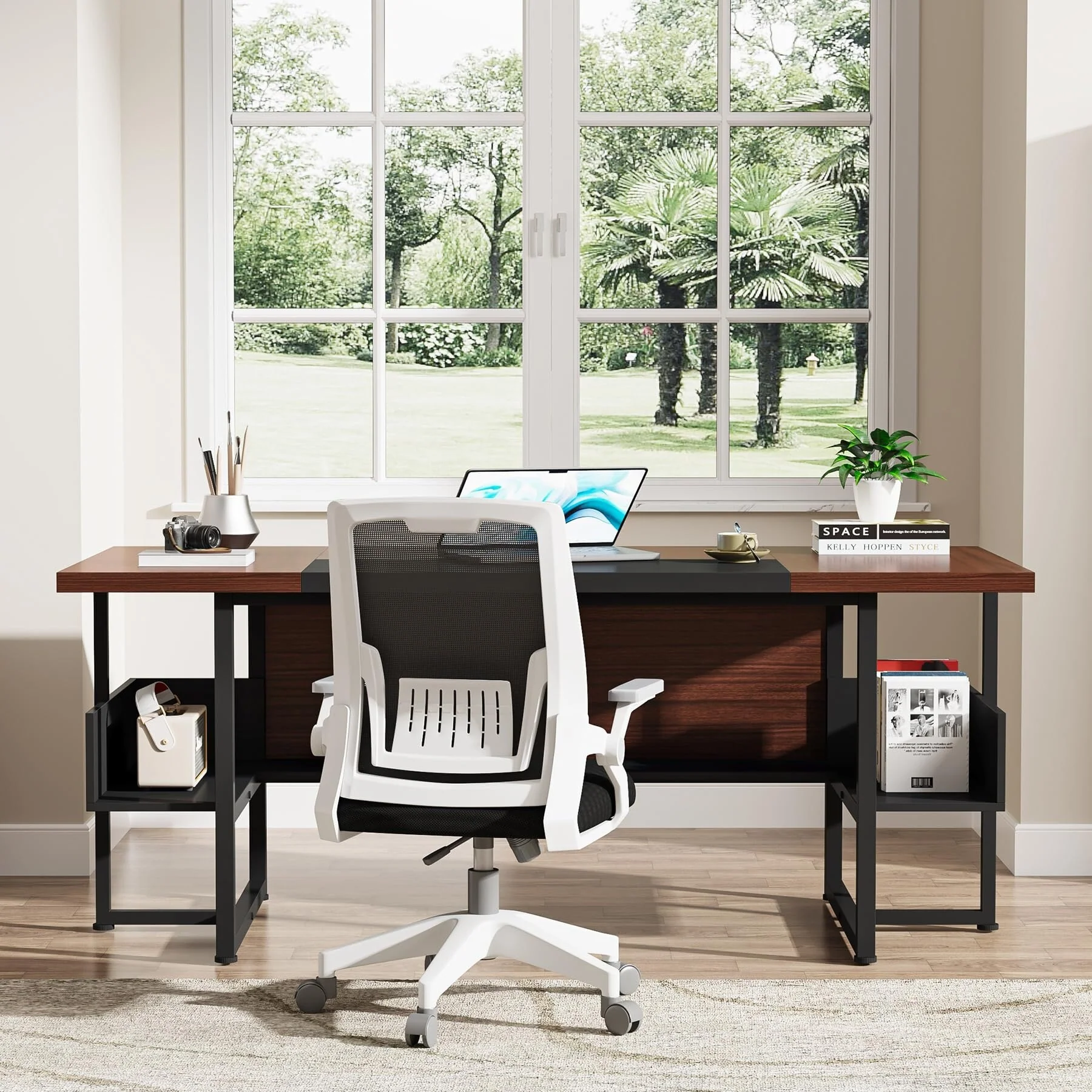 63 Executive Desk with Bottom Shelves, Large Farmhouse Office Desk for Workstation, Home Office, Rustic