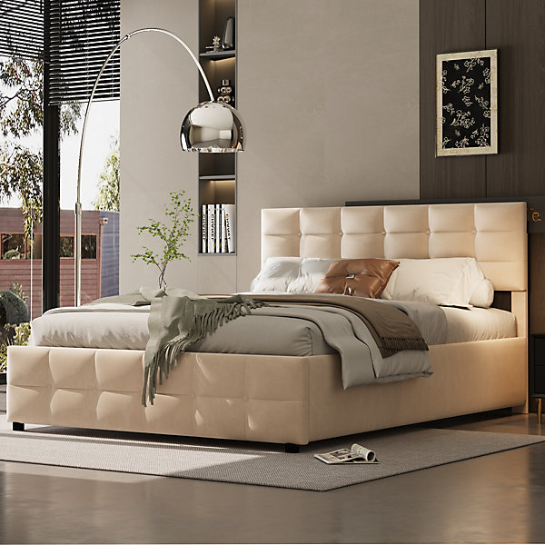 Lit Coffre 180x200 cm - Lit avec éclairage LED, Rangement Intégré et Sommier À Lattes, Velours Gris, Sans Matelas