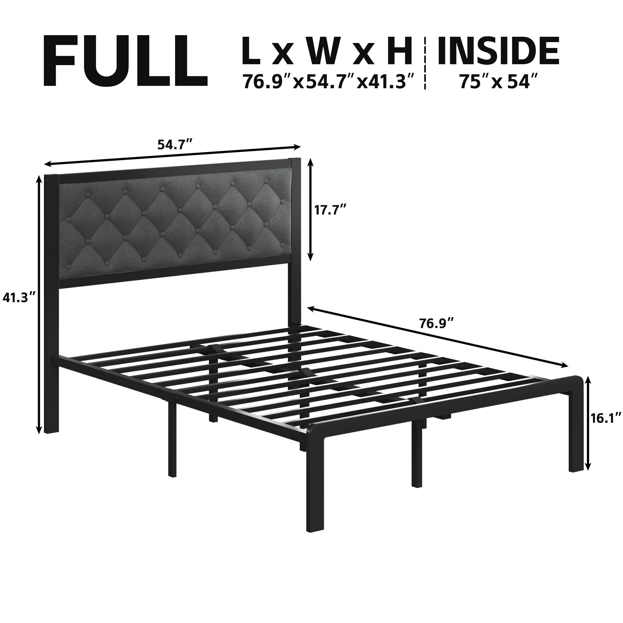 Full Size Platform Bed Frame with Linen Headboard Metal Slats Storage Space Easy Assembly No Box Spring