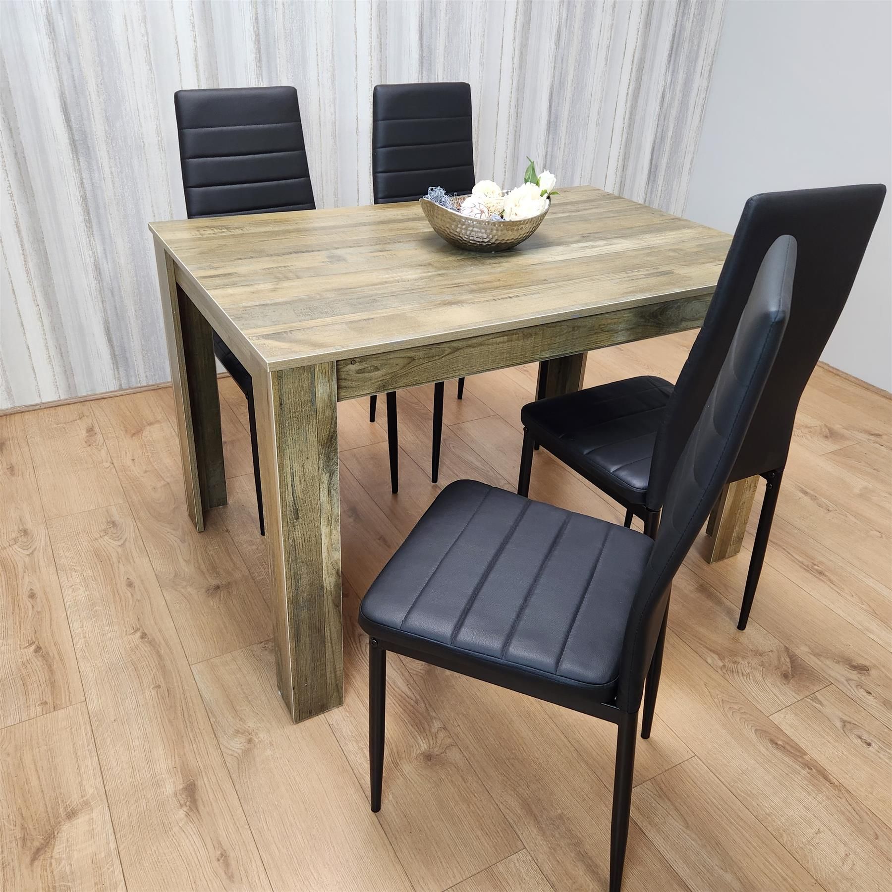 KOSY KOALA Dining Table and 4 Chairs Set - Rustic Effect Wood Dining Table With 4 Black Chairs Dining Room Furniture