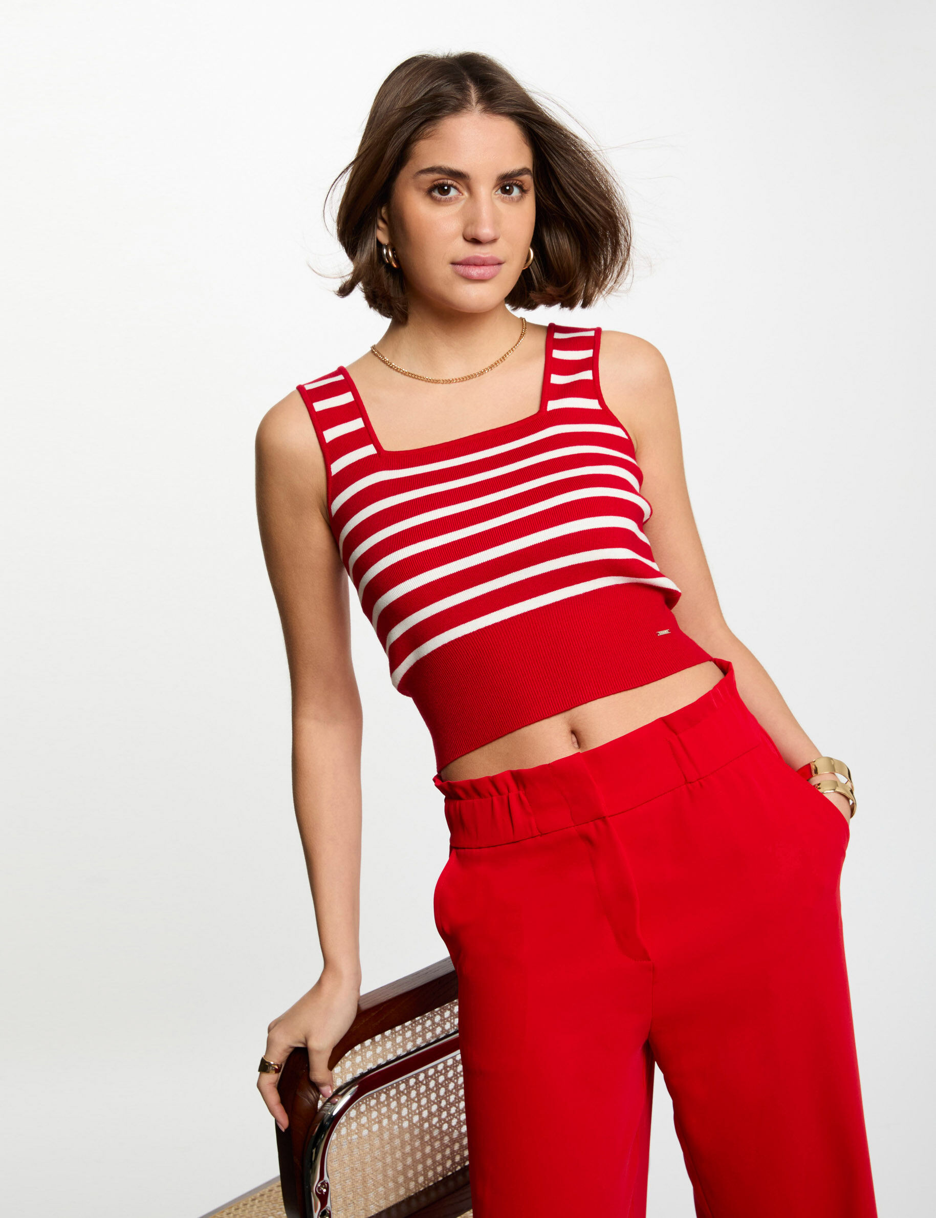 Knitted Top Wide Straps Red Women