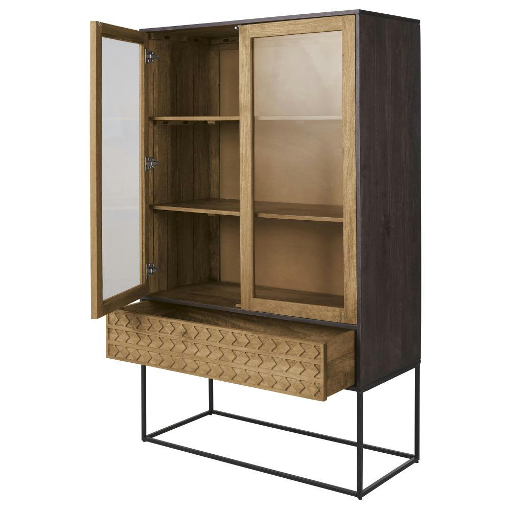 Makao - Vitrine 1 tiroir 2 étagères en métal noir et en bois