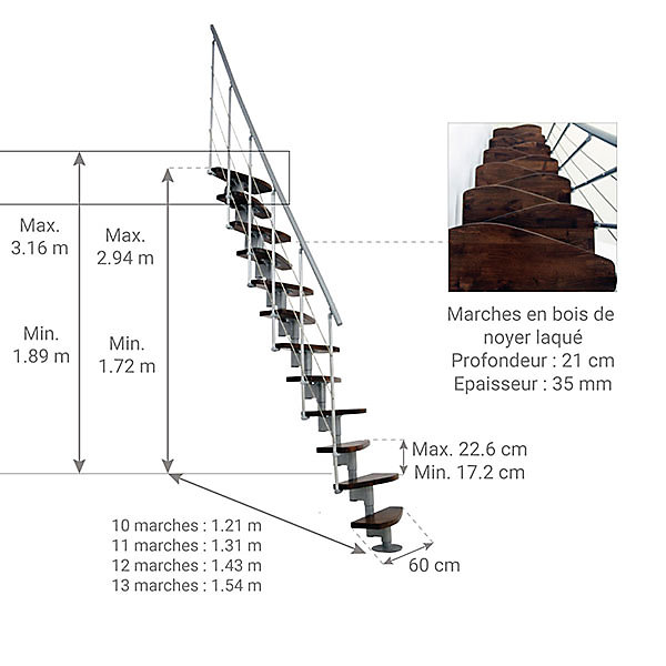 Escalier droit 12 marches - Hauteur à franchir 2.23 à 2.94m- Largeur 65cm - Structure grise et marche noyer - NIZZA60/I/SGMNO-12