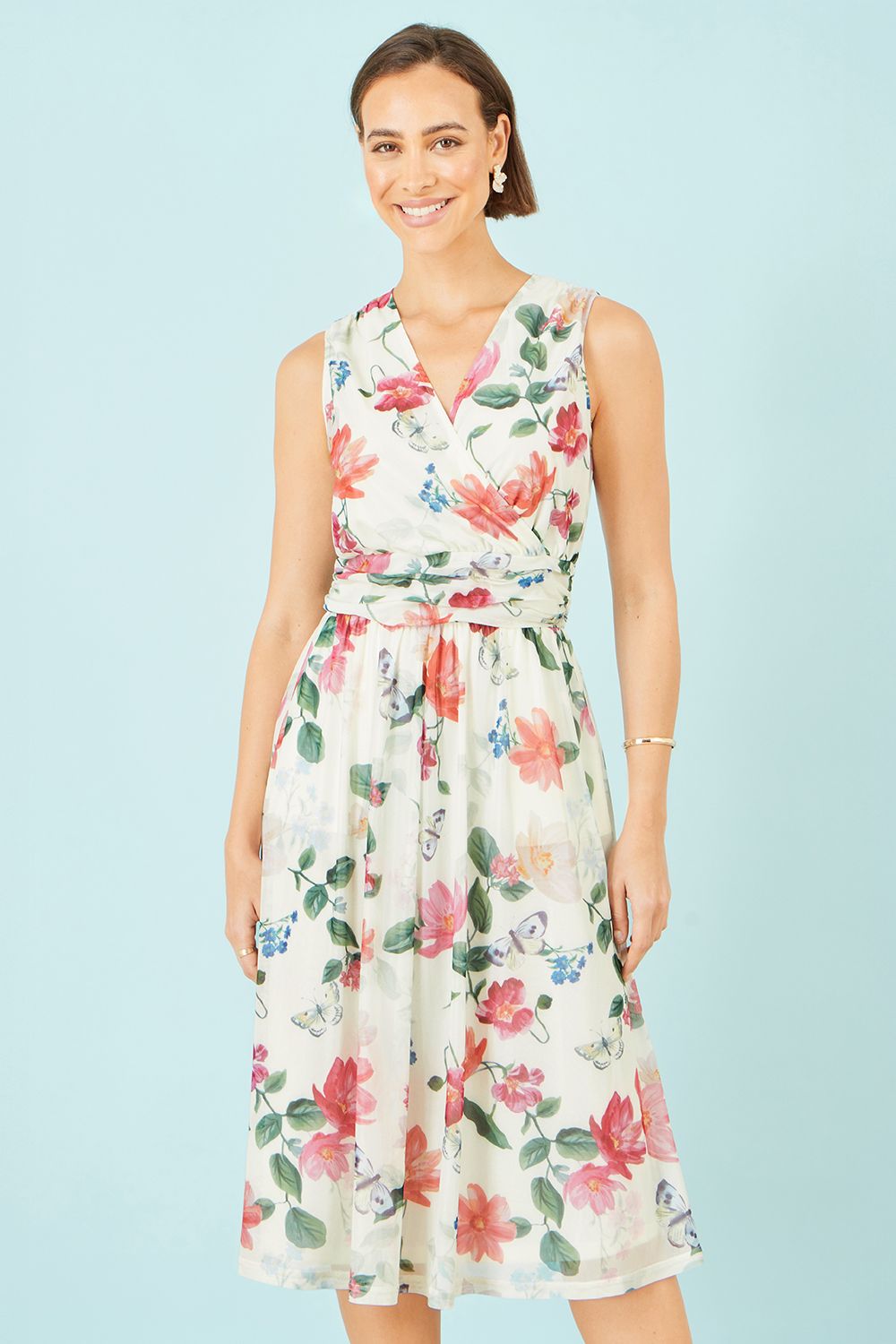 Yumi Blurred Floral Mesh Wrap Midi Dress