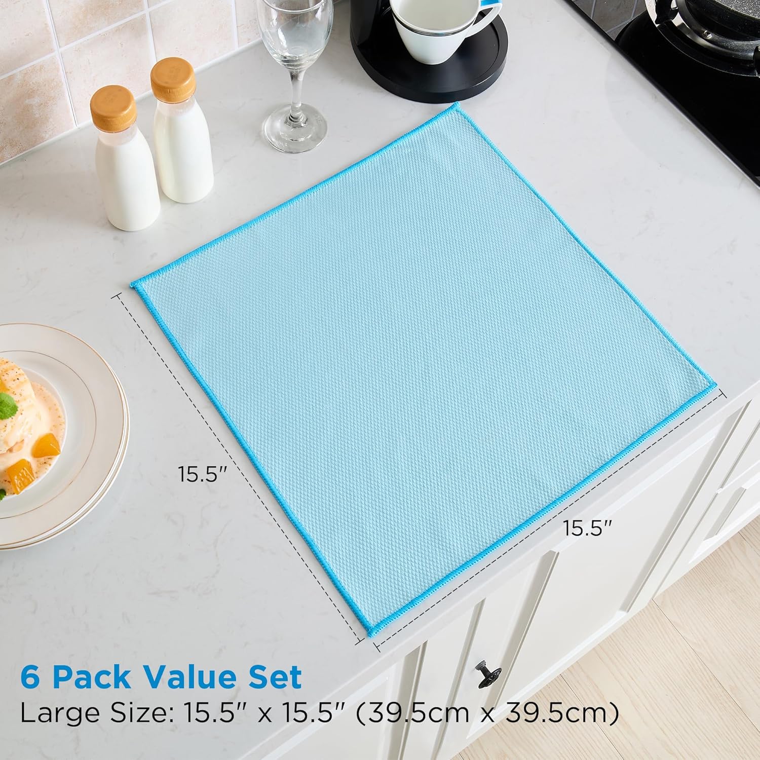 Microfiber Glass Cleaning Cloth 6 Pack, 15.5x15.5 Inch Magic Cleaning Rags, Lint Free Streak Free Reusable Towels for Windows, Mirrors, Cars, Screens, Kitchen and Stainless Steel Surface