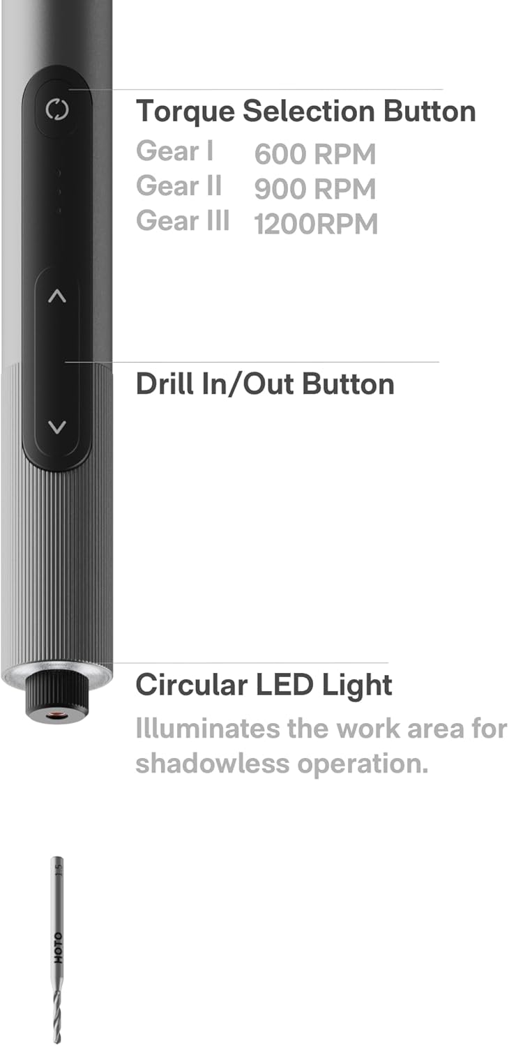 HOTO SNAPBLOQ™ D-A03 Cordless Electric Mini Drill Pen, 3-Speed Precision Hand Drill for Jewelry, PCB & DIY Crafts, Corelss Brushless Motor, 800mAh Type-C Rechargeable, LED Ring Light, 20 M2 Drill Bits