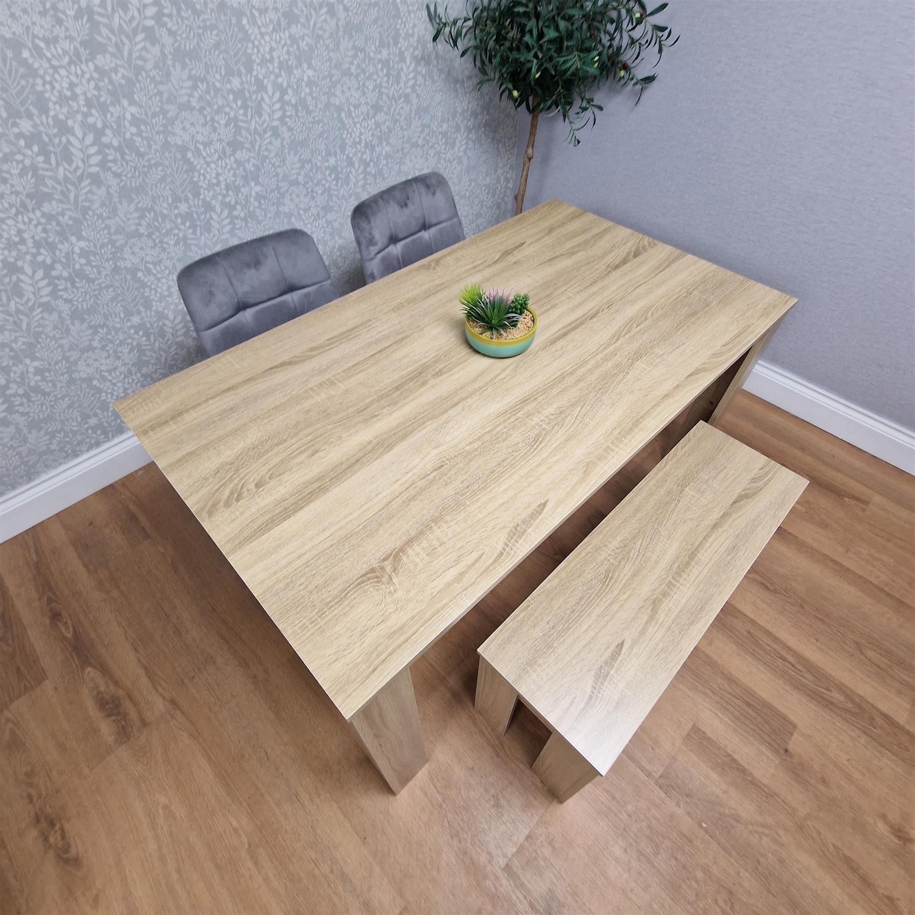KOSY KOALA Dining Table Set Oak Effect Table With 2 Grey Velvet Dining Chairs And 1 Bench