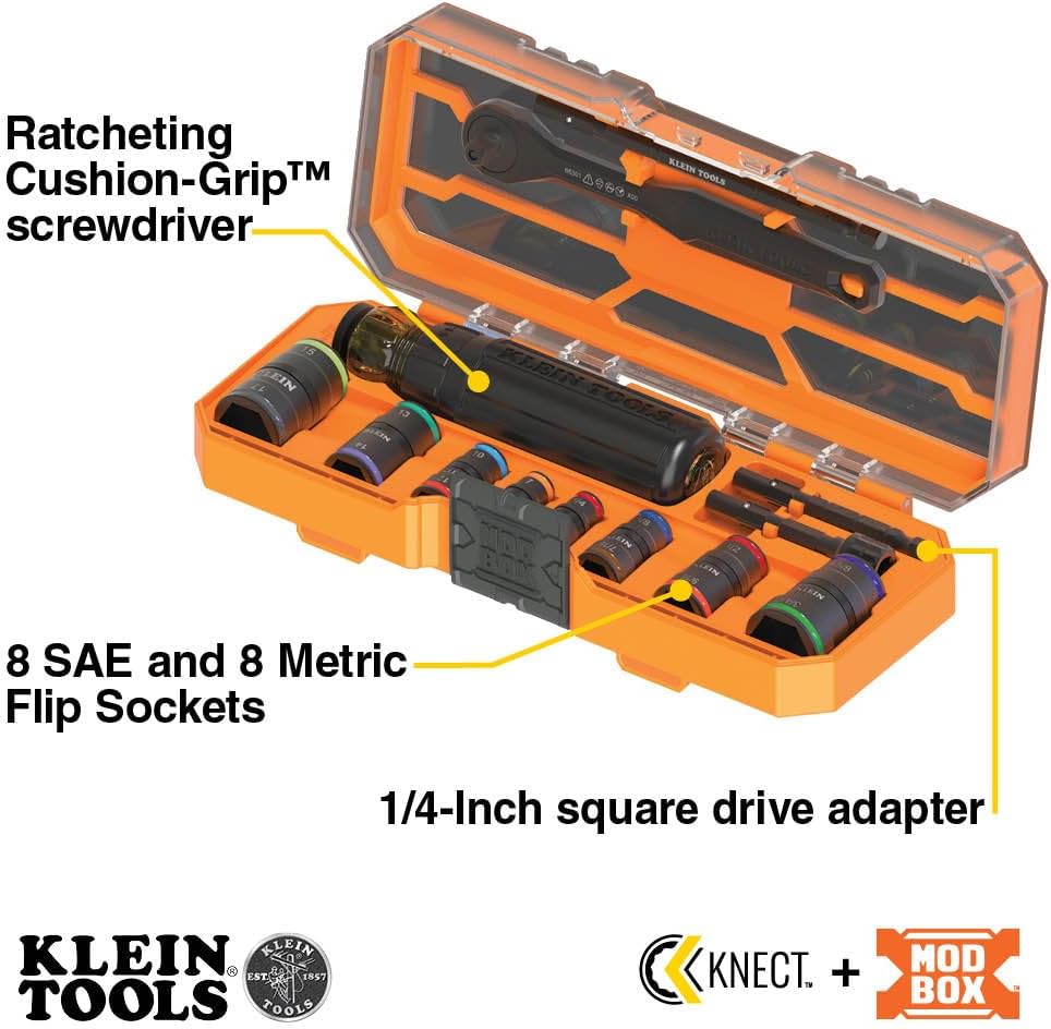 Klein Tools 65242 KNECT Impact Socket Set, Ratcheting Screwdriver Set, 1/4-Inch Drive, 4 SAE and 4 Metric Flip Sockets, 16 Hex Sizes, Adapters, MODbox Case