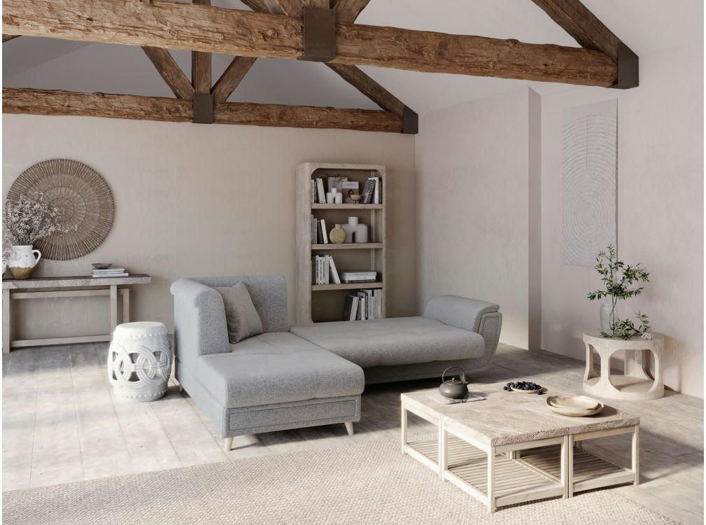 FLAVIE - Canapé d'angle gauche 5 places convertible en tissu - Gris