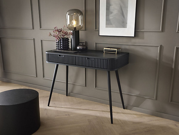 Coiffeuse 2 tiroirs façades laminées noire pieds dorés 110 cm ZOVA