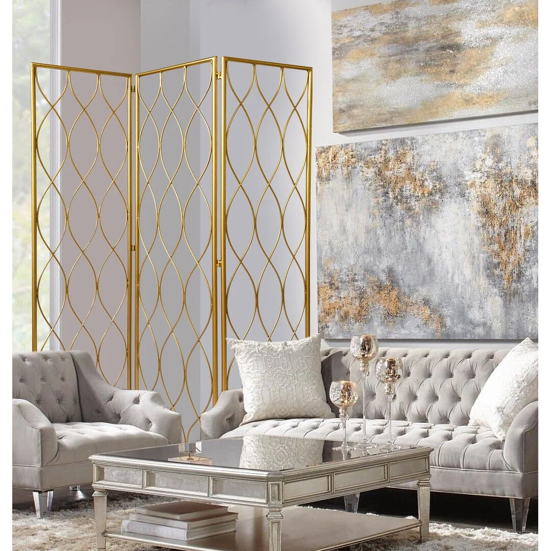 3 Panel Gold Room Divider with Golden Age Charm
