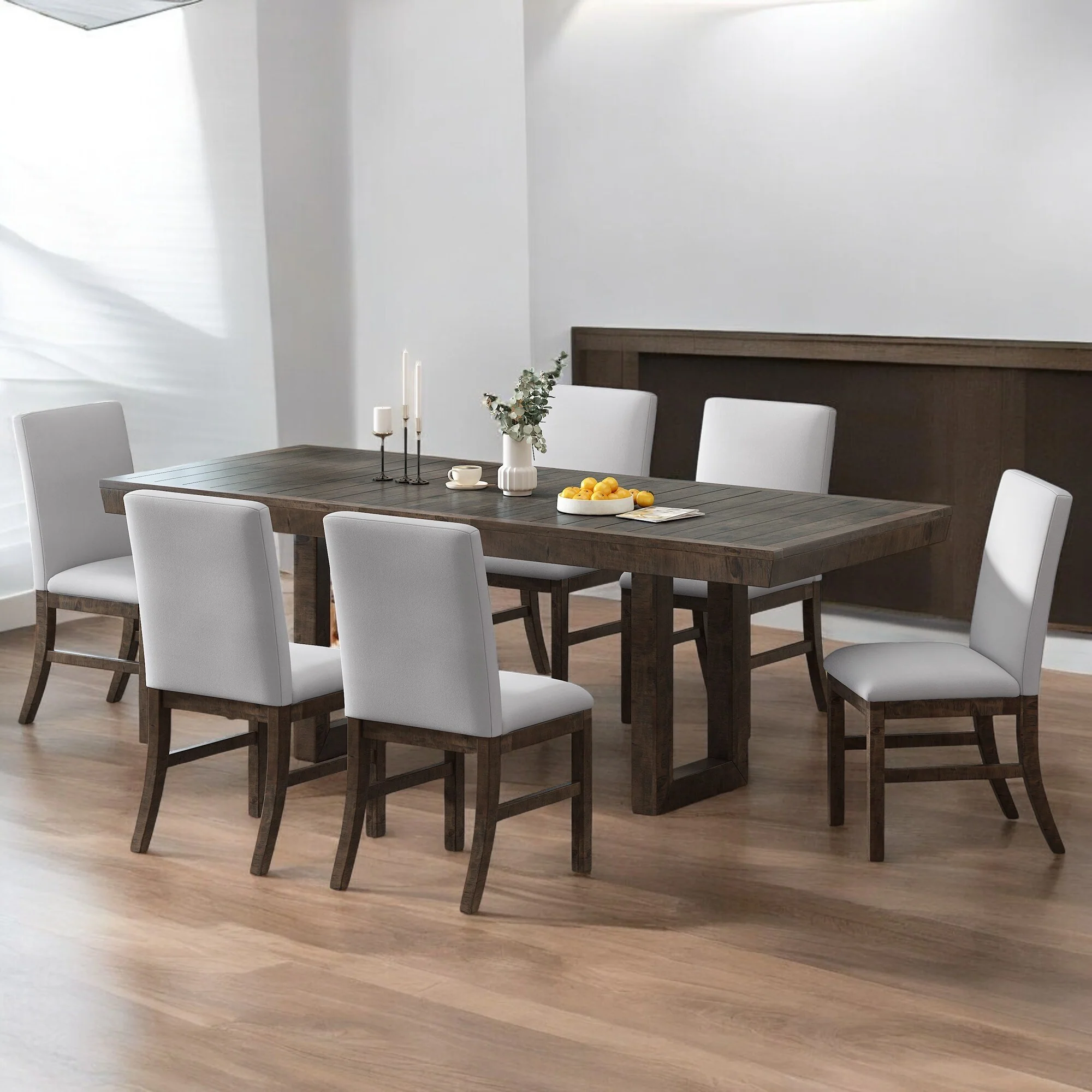 Traditional 7-Piece 72 Extendable Dining Table Set with 12 Butterfly Leaf, Upholstered Chairs and Bench for Dining Room
