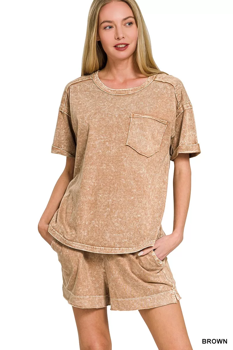 Halo Snow Washed Exposed Seam Top & Shorts Set