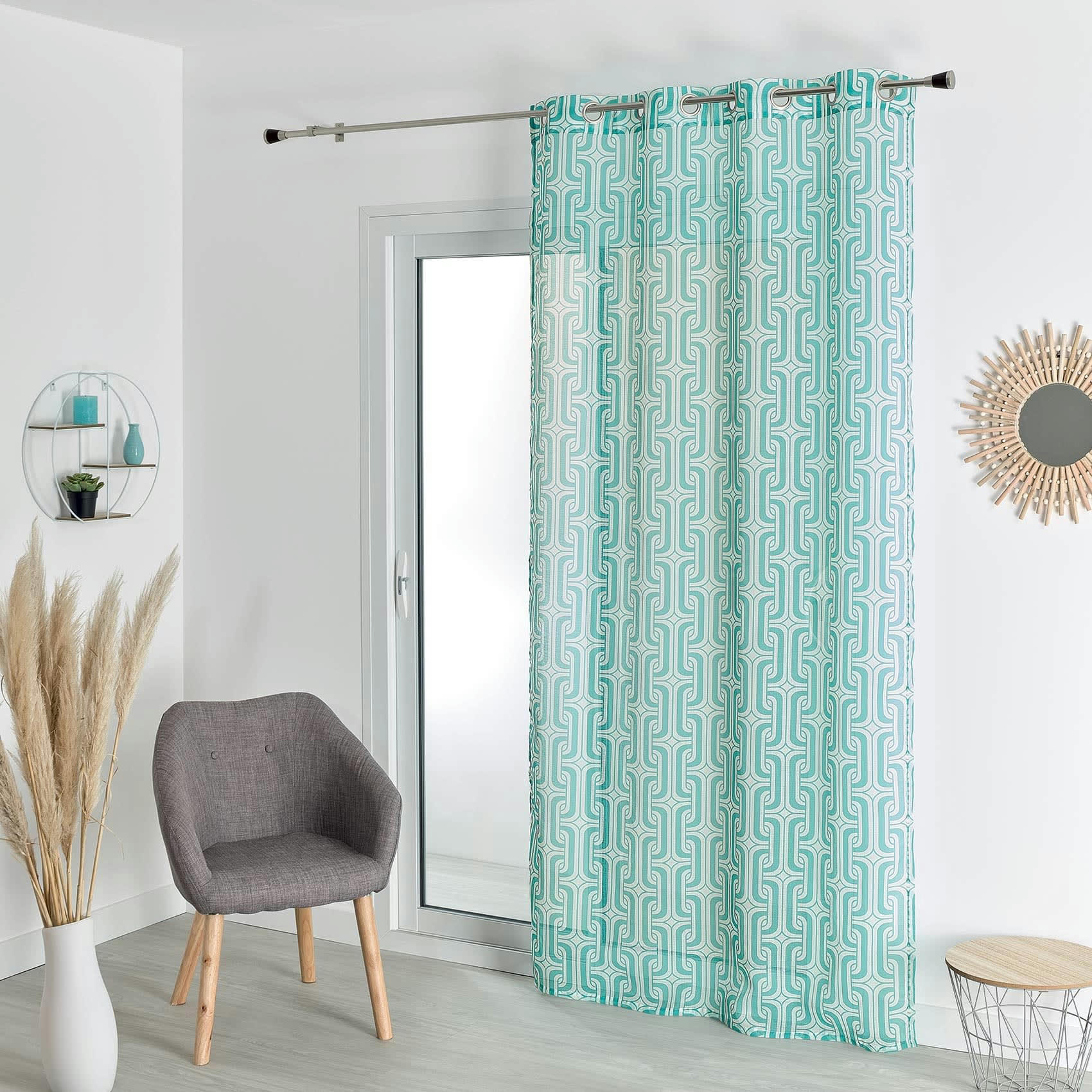 - Voilage aux impressions graphiques polyester bleu azur 130x240cm