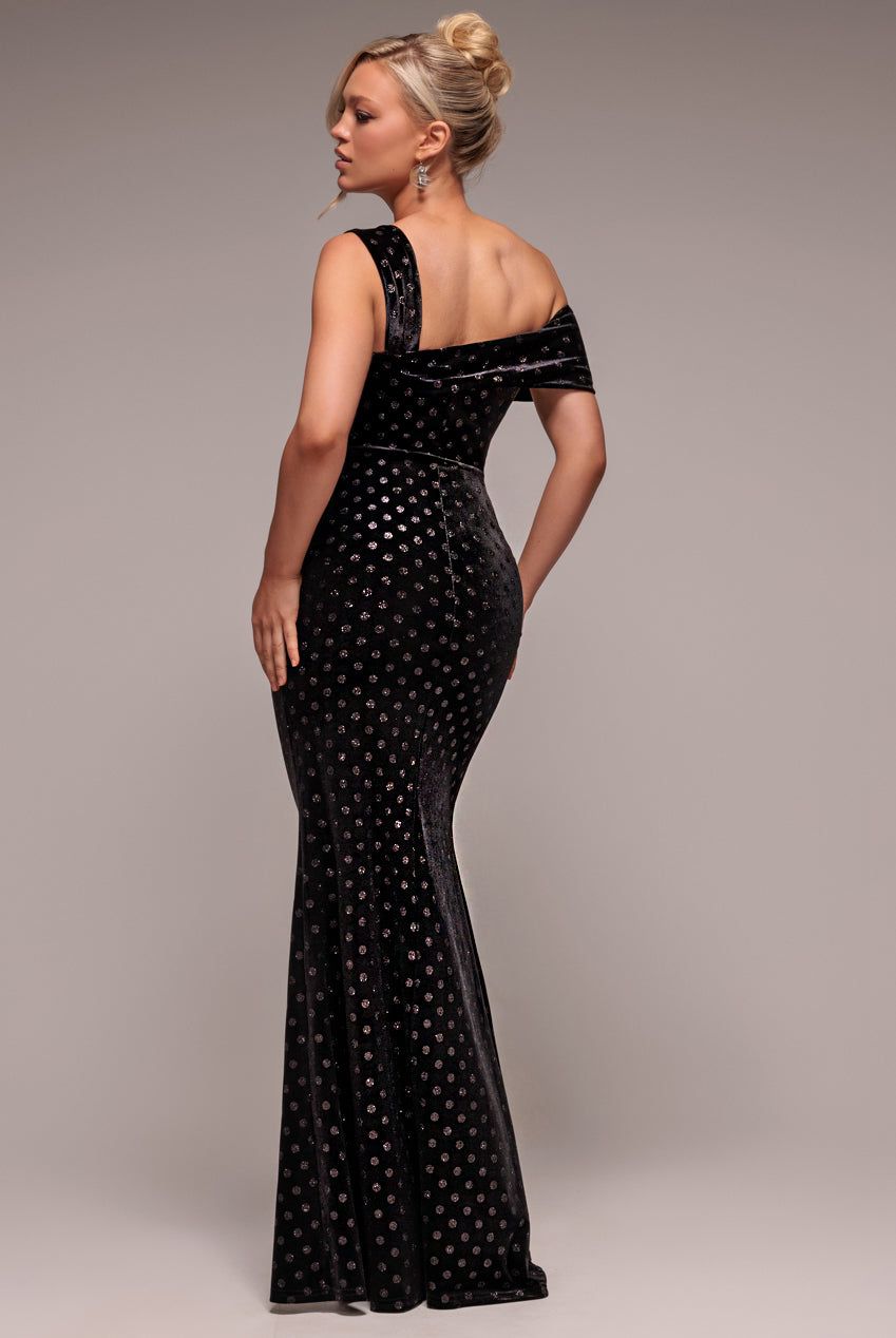 Goddiva Glitter Polka Dot Velvet One Shoulder Maxi Dress