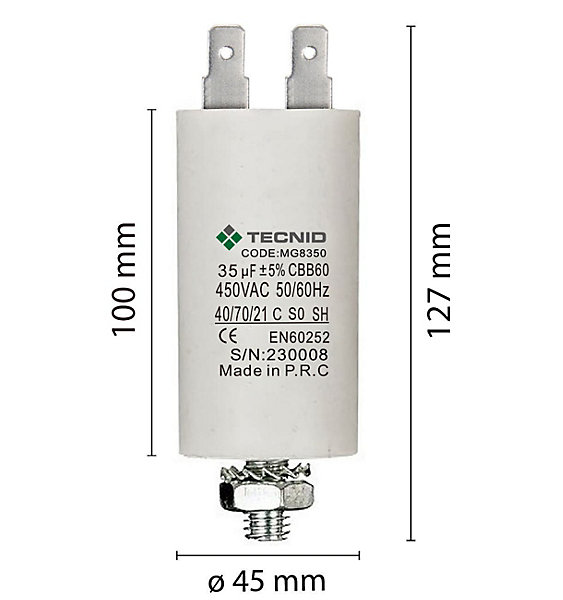 Condensateur de démarrage pour moteurs électriques, 450V, capacité : 35 microfarad, 4 broches / M8