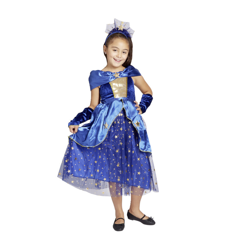 Déguisement fille 7/10 ans robe de magicienne bleue serre tête et gants