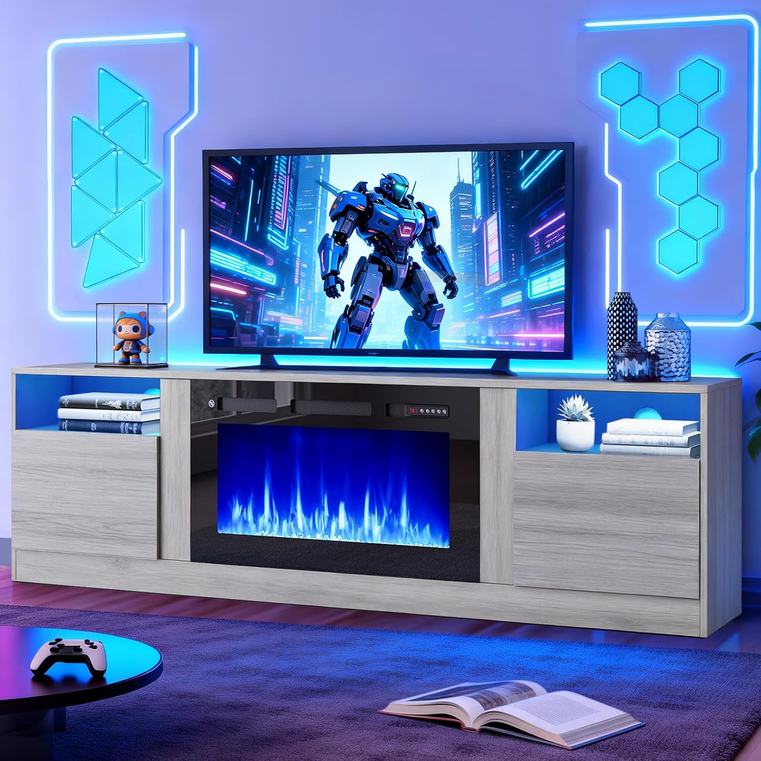 MXV Fireplace TV Stand with 36'' Electric Fireplace Up to 90 TVs, LED Light Entertainment Center, Modern Wood Texture Entertainment Stand with Highlight Storage Cabinet,Grey-Black