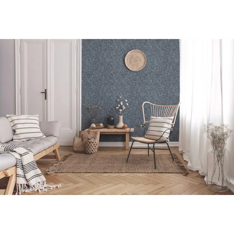 Sanders & Sanders behang grafische lijnen vergrijsd blauw - 53 cm x 10 m