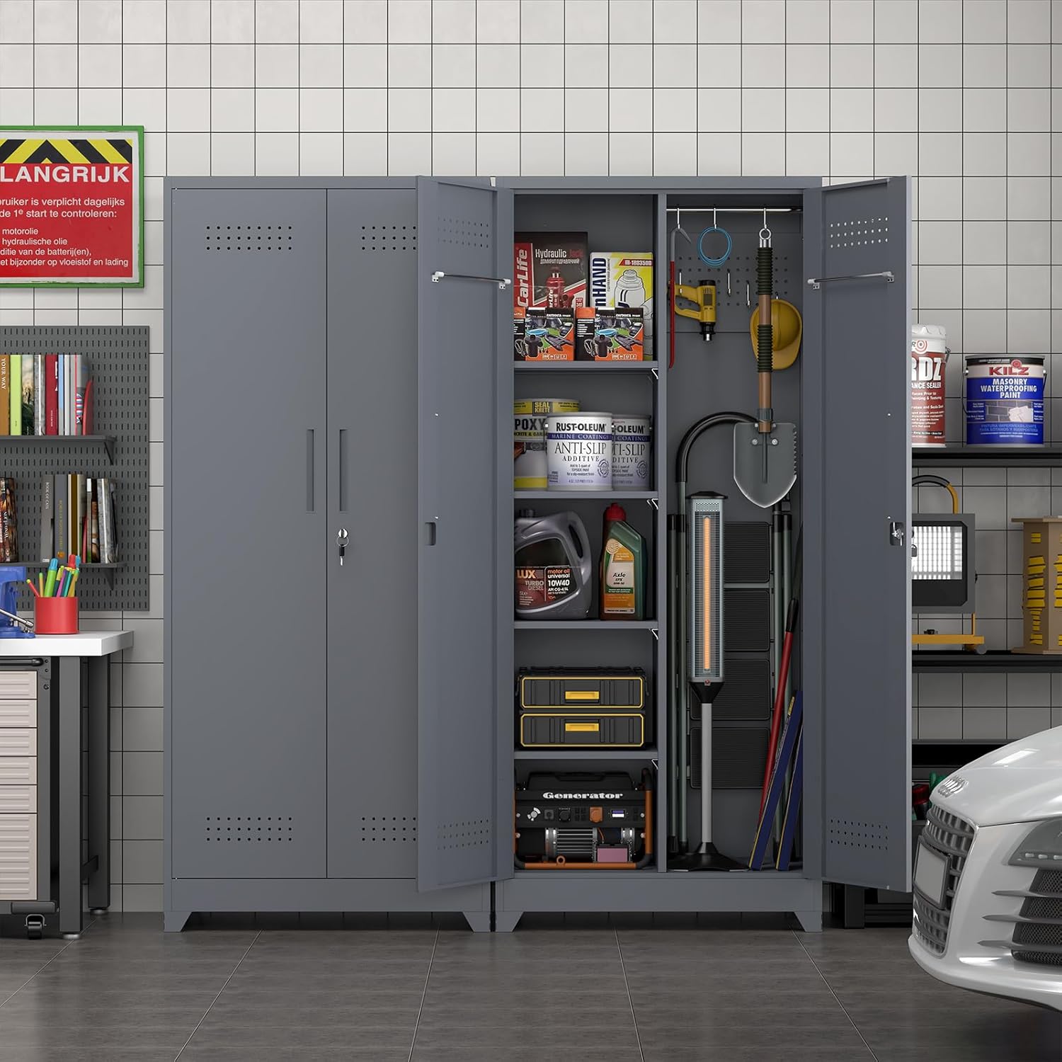 73 H Garage Storage Cabinet,Broom Closet Storage Cabinet with Adjust Shelves,Utility Cabinet,Utility Closet for Garage,Office,Gray