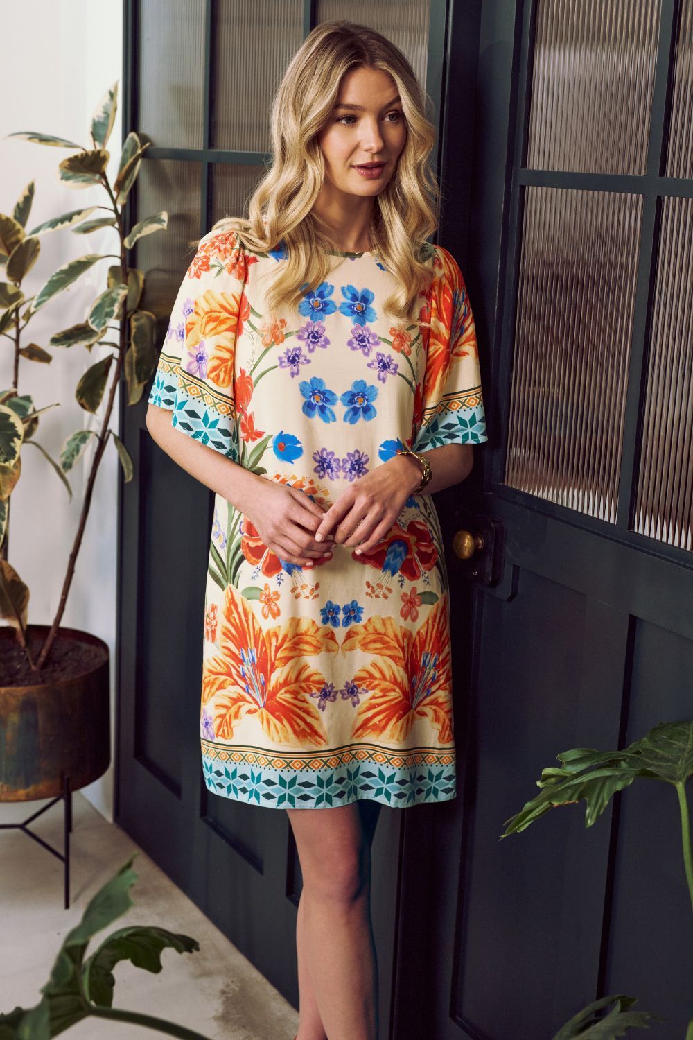 Izabel London Floral Border Print Short Shift Dress