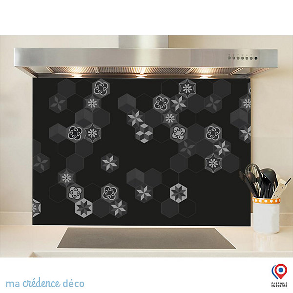 Crédence cuisine fond de hotte Carreaux Ciment Hexagonal 3 noir - Verre trempé - L 90 cm x H 50 cm - MaCrédenceDéco