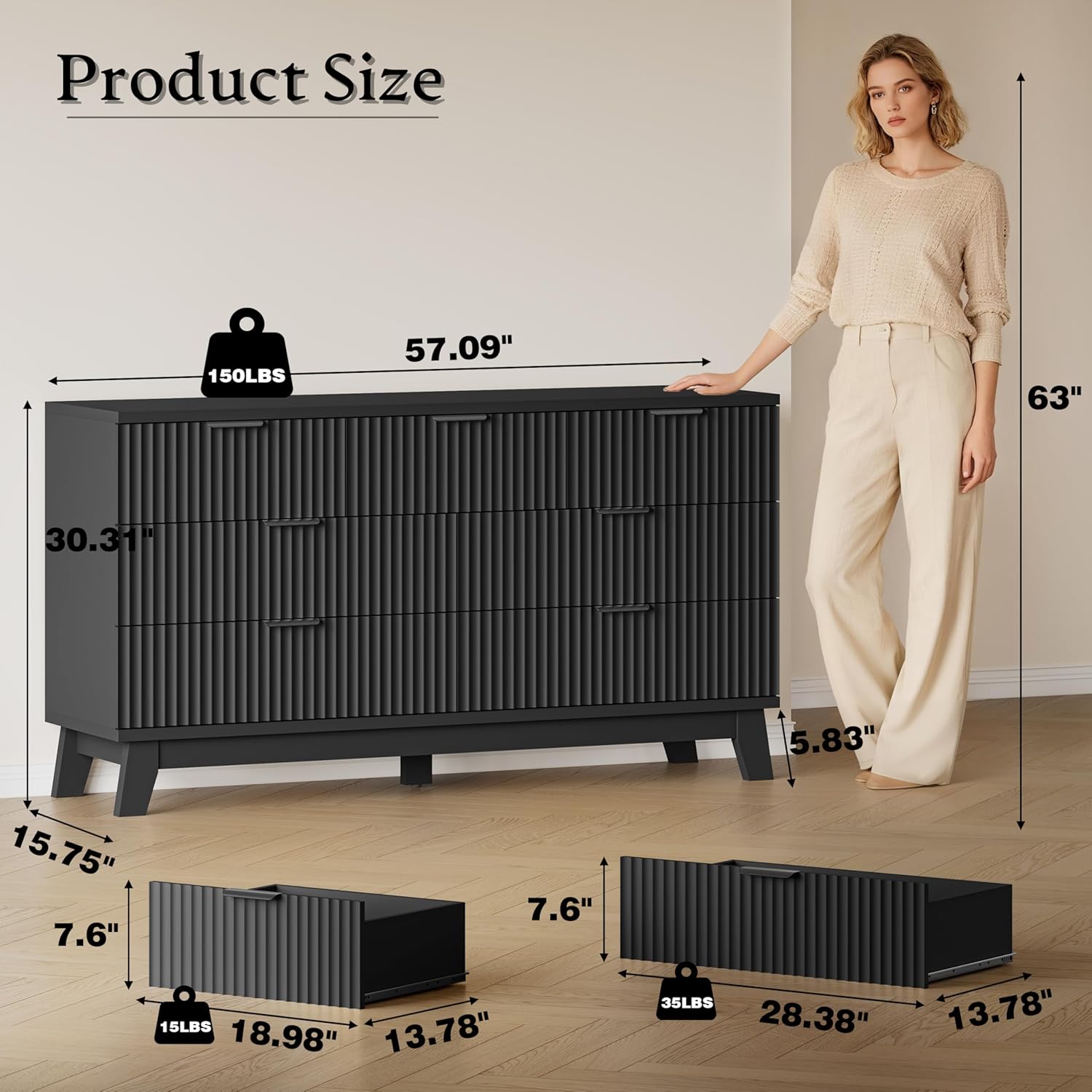 57 Long Dresser for Bedroom, 7-Drawer Fluted Chest, Wide Wood Storage Dresser with Metal Slides and Handles, Stable Base, Modern Clothes Organizer for Primary Suite, Guest Room, Nursery