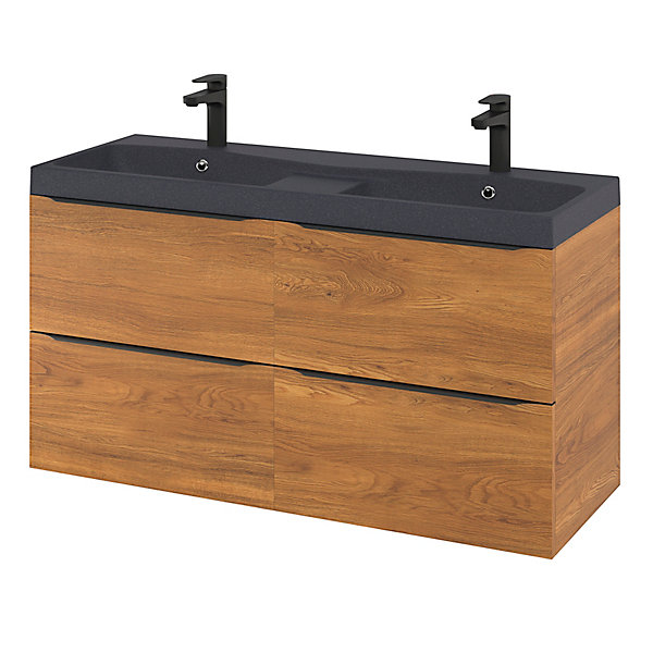 Meuble vasque suspendu effet noyer l.120 cm Imandra   plan double vasque noir résine Mila, GoodHome