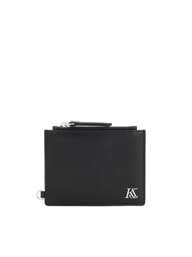 Black leather card case with detachable strap and zipper pocket