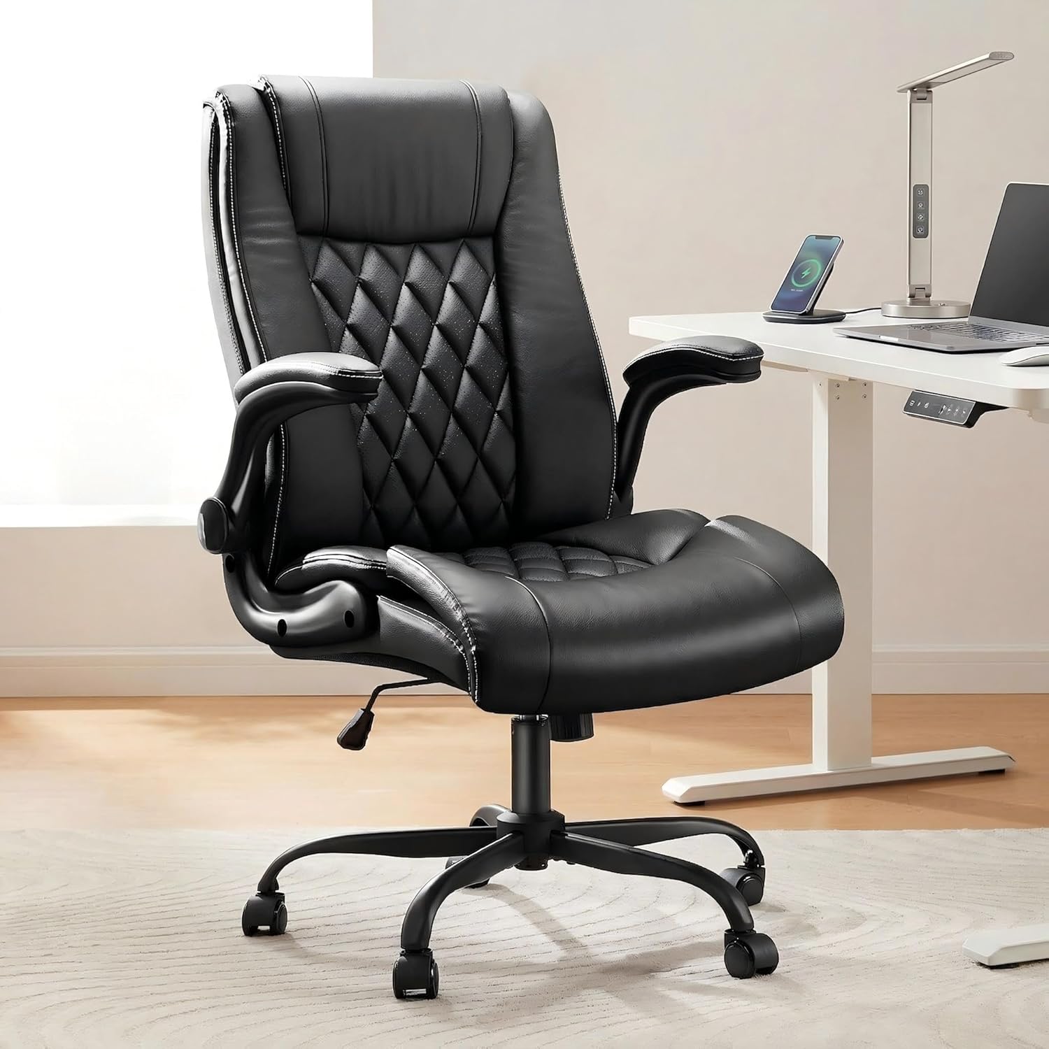 Marsail Executive Office Chair with Flip-up Armrests,PU Leather Ergonomic Desk Chair Height-Adjustable Swivel Rolling Desk Chair (Dark)