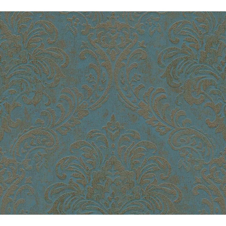 Livingwalls behang ornamenten petrolblauw en goud - 53 cm x 10.05 m