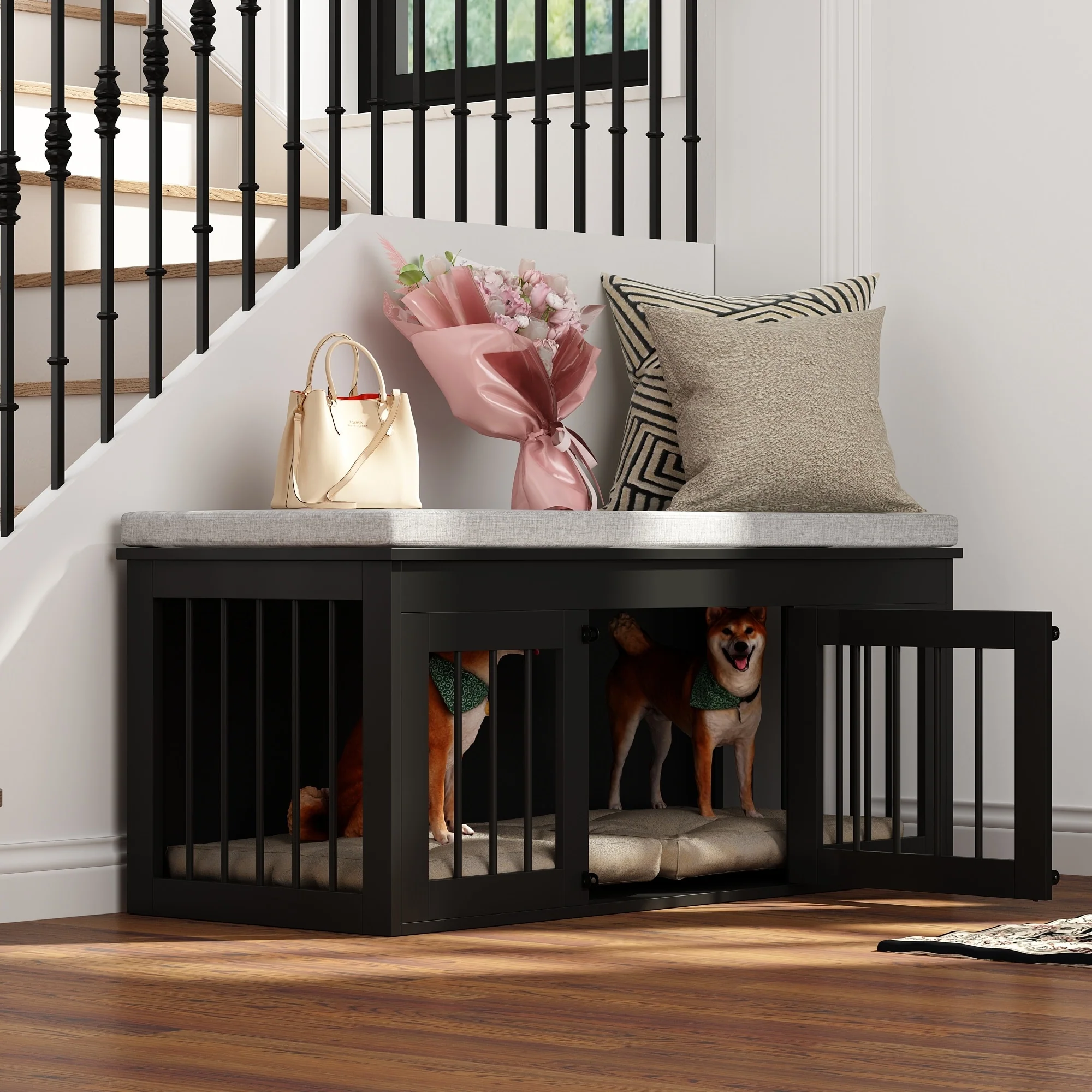 Chic Pet Haven: Luxe Wooden Dog Crate & Designer Home Bench - 47.2