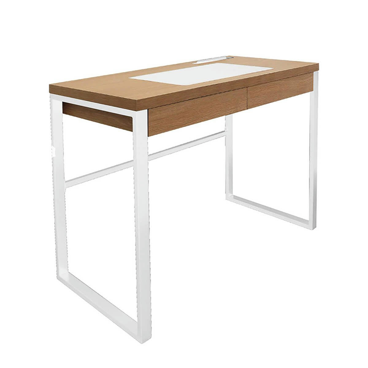 CALEB - Bureau  plateau effet bois et piètement blanc