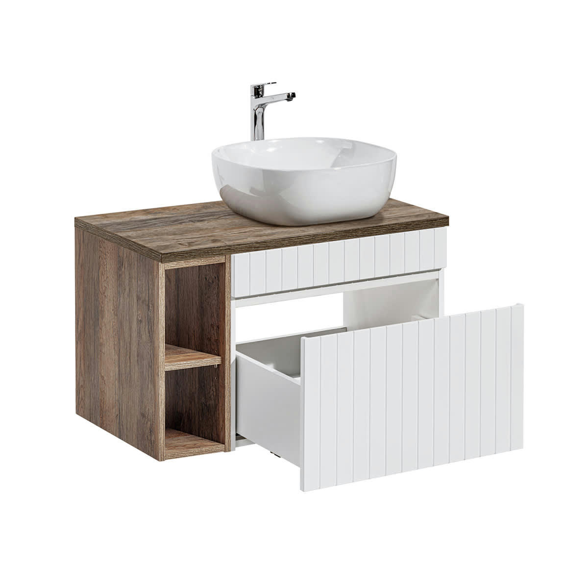 - Meuble simple vasque 80cm 2 niches blanc et naturel