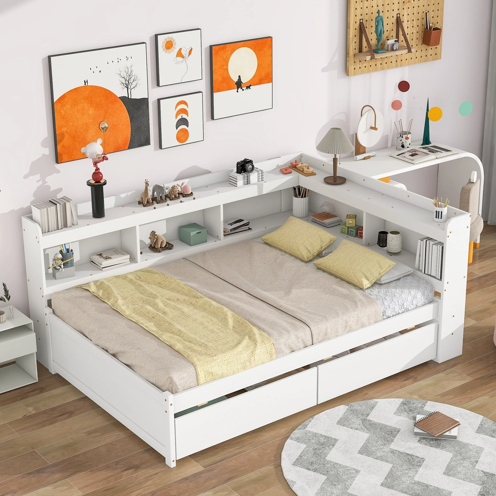Platform Bed with L-Shaped Bookcases, Drawers