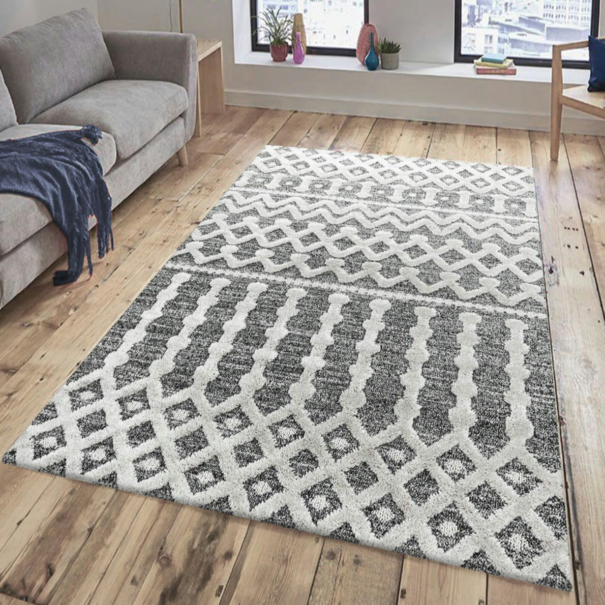 BOHEME - Tapis bohème à relief gris et blanc 200x290cm