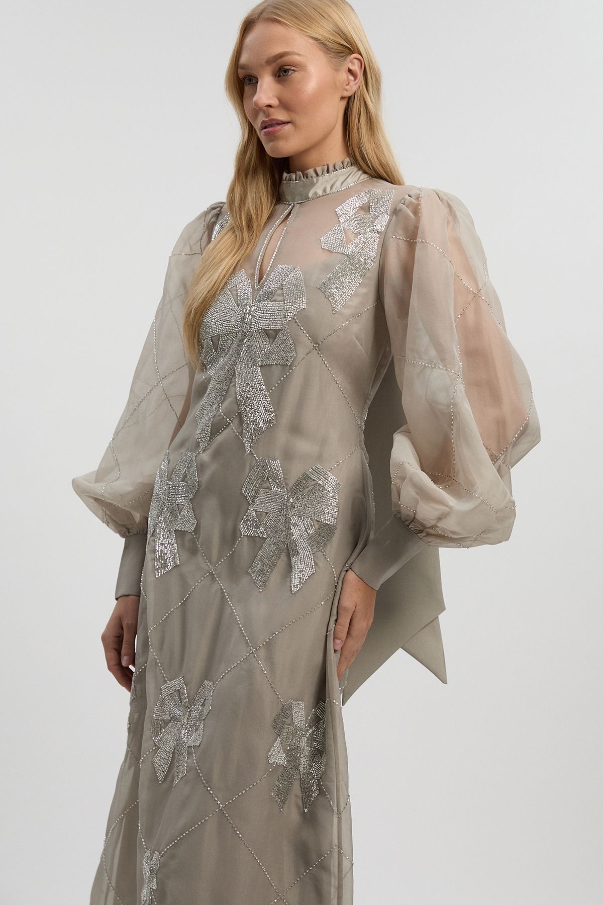 KarenMillen Petite Crystal Embellished Organdie Balloon Sleeve Midi Dress