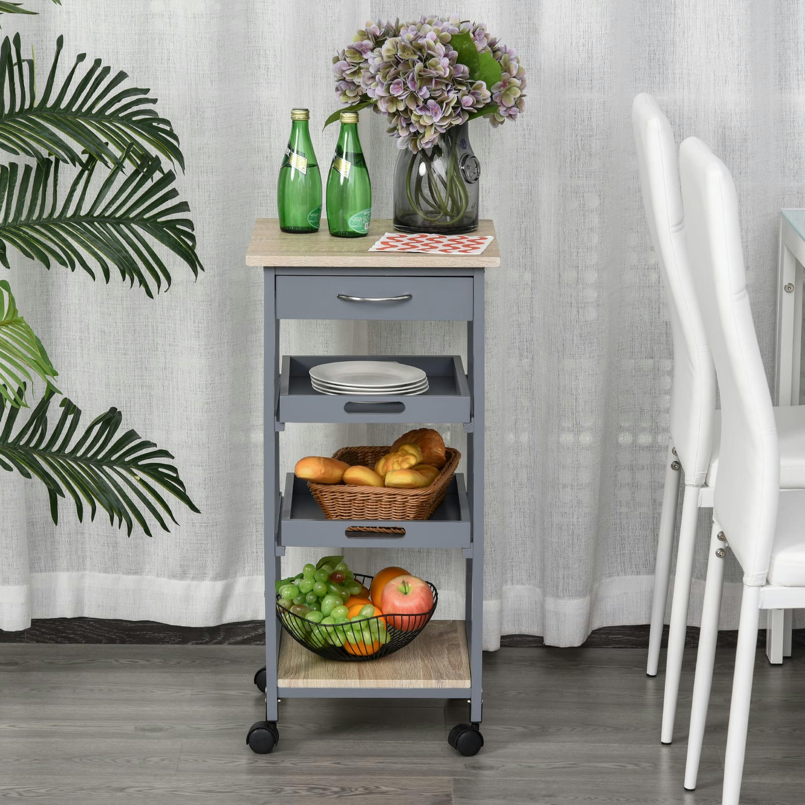 - Desserte cuisine panier plateaux amovibles tiroir étagère chêne clair