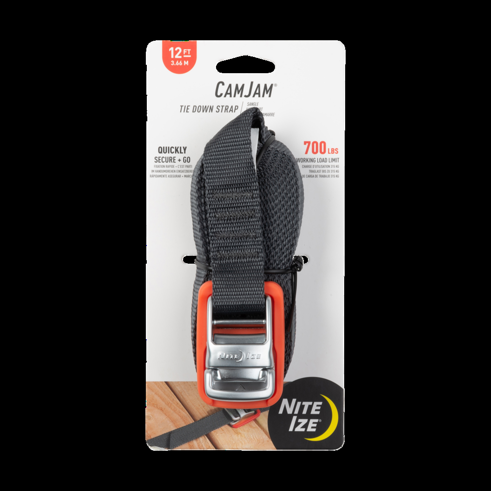 NiteIze CamJam Tie Down, 12-ft, 2-pk, 700-lb Load Limit, Nickel Plate Finish, Black