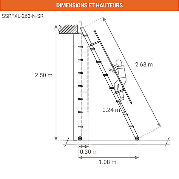 Echelle rabattable acier - Marches métal - Hauteur à atteindre 2,50m - Sans rampes d'arrivées - Coloris noir - SSPFXL-263-N-SR