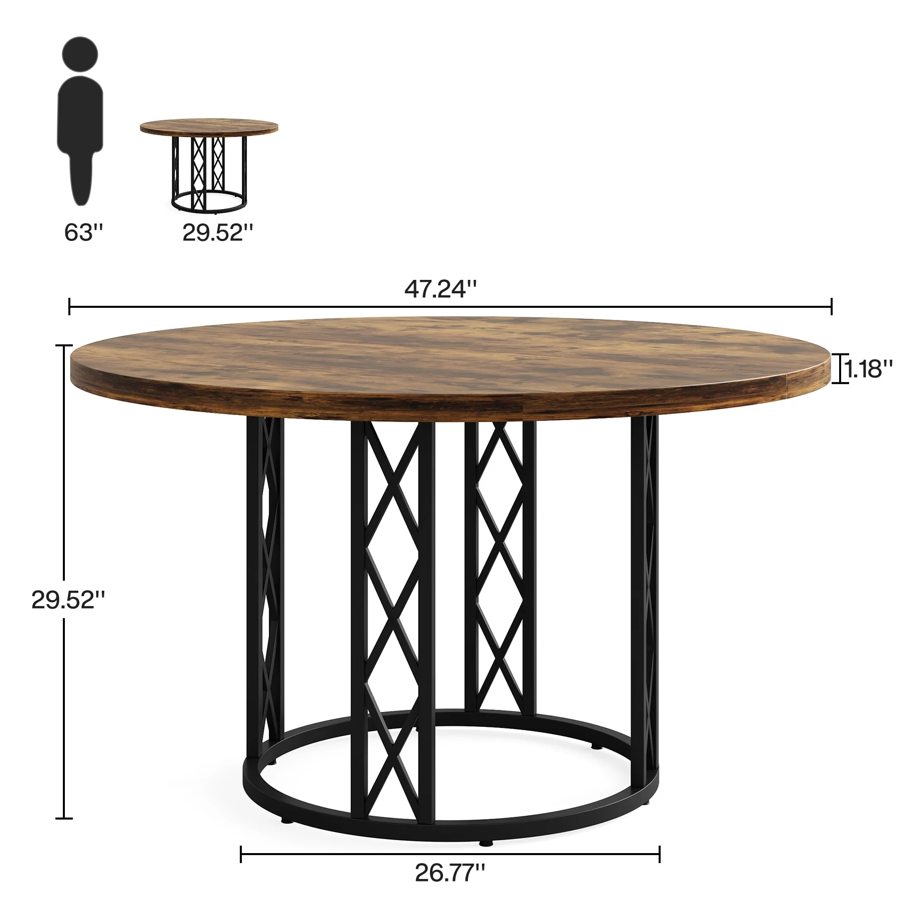 Round Dining Table for 4 People, 47 Kitchen Table with Metal Base