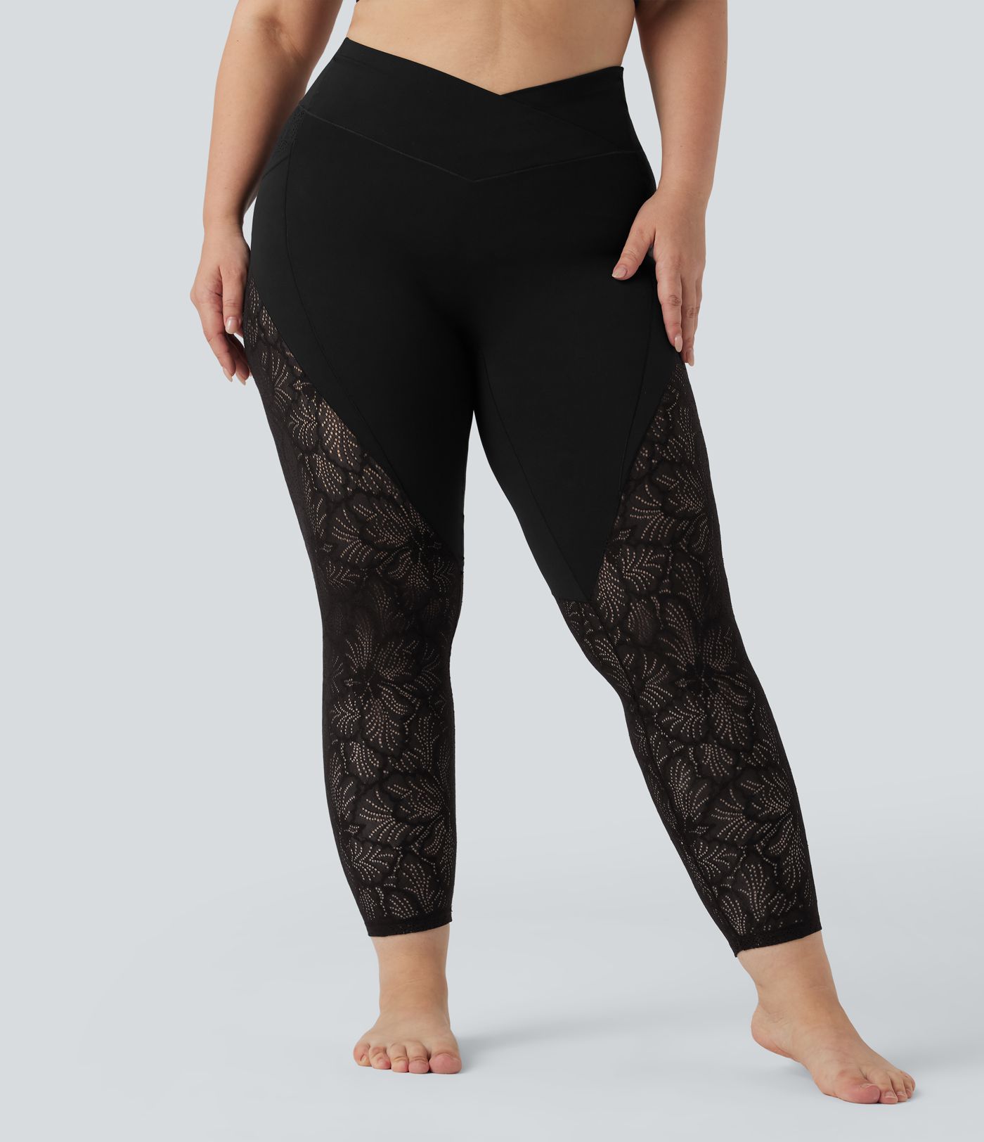 Leggings yoga 7/8 grande taille SoftlyZero™ taille haute croisé dentelle contrastante avec poches - UPF50