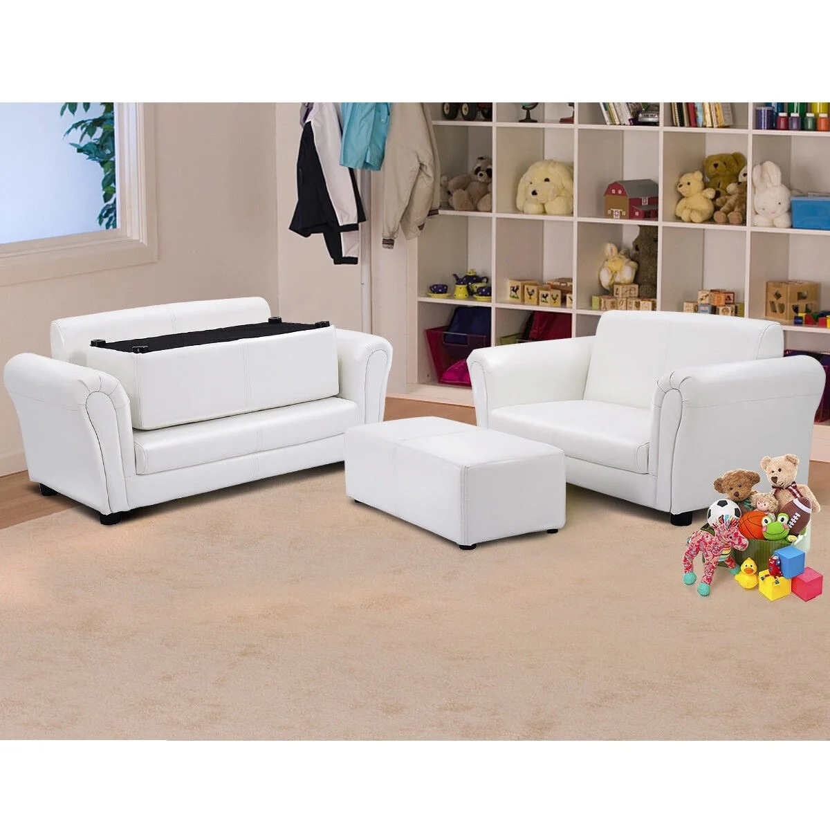 Kids Double Sofa with Ottoman-White - 32.5 x 16.5 x 16 (L x W x D)